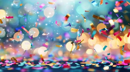 Poster - Joyful confetti fills the air with bright colors, creating a lively atmosphere illuminated by bokeh lights during a celebration