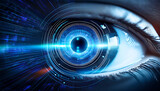 A close-up view of a futuristic eye, showcasing intricate digital patterns and glowing elements, symbolizing technology and vision.