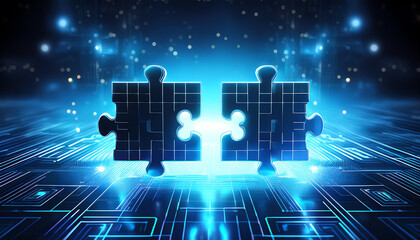 Poster - Two glowing puzzle pieces connect amid a digital backdrop, symbolizing problem-solving and integration in technology.