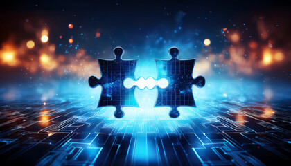 Poster - A digital puzzle concept featuring two interlocking pieces against a glowing tech background, symbolizing connection and innovation.