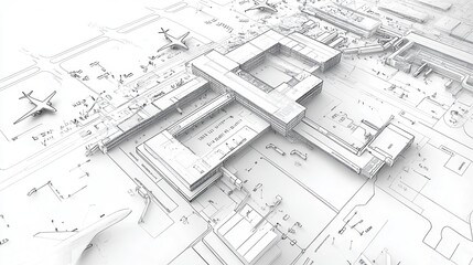 Fototapete - Architectural Design Blueprint of Modern Airport Terminal Complex with Aircraft