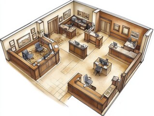 Fototapete - Elegant Office Space Design Plan: Isometric View of a Luxurious and Functional Workspace