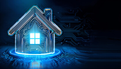 Poster - A digital home icon with a glowing blue outline, set against a tech-inspired background, symbolizes smart home technology and innovation.
