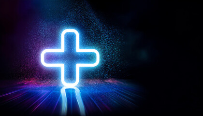 Poster - A glowing blue plus sign against a dark background, emitting light particles, creating a futuristic and vibrant atmosphere.