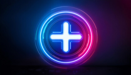 Poster - A glowing plus symbol surrounded by vibrant blue and pink neon lights against a dark background.
