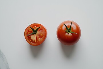 Poster - Halved and whole ripe red tomato on white background.