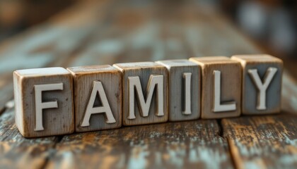 Rustic wooden sign with individual blocks spelling FAMILY on a textured table showing wood grain