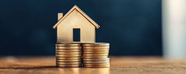 house financial investment mortgage concept. A house model on coins symbolizes real estate investment and financial growth.