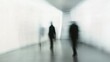 © CLOVER BACKGROUND - Abstract Modern Office Interior with Blurred Figures Walking Through