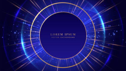 Wall Mural - Futuristic blue background with golden ring, glowing radius, dynamic light beams, and sparkling effects