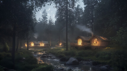 Serene forest hideaway: cozy cabins, babbling brook, birdsong retreat. Shadowsong. Illustration