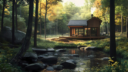 Serene forest hideaway: cozy cabins, babbling brook, birdsong retreat. Shadowsong. Illustration