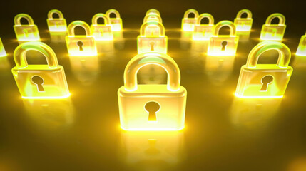 Poster - Bright yellow locks illuminated on reflective surface, symbolizing security and protection. arrangement creates visually striking pattern, evoking sense of safety and trust