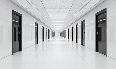  Sleek white hallway, minimal decor, black doors.