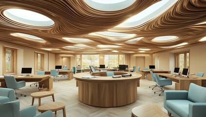 Wall Mural - Office space 3D design with wooden wave ceiling and multiple skylights.