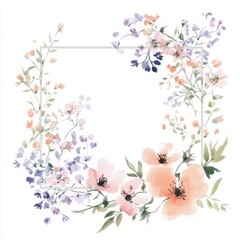 Wall Mural - Spring color tone flowers square frame illustration watercolor pastel.