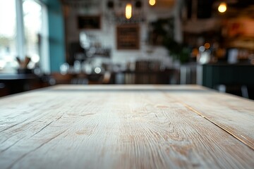 Poster - Empty light wood table in blurred cafe.