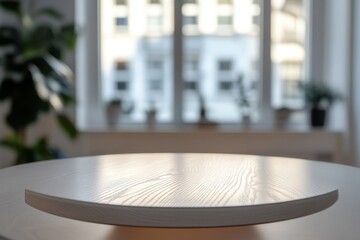 Poster - Empty round wooden table top in bright room.