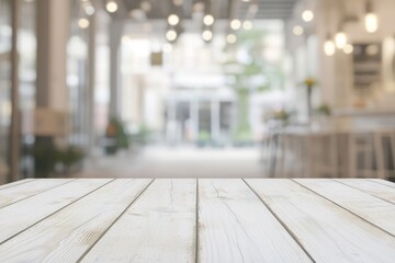 Aufkleber - Empty white wooden table with blurred cafe background.