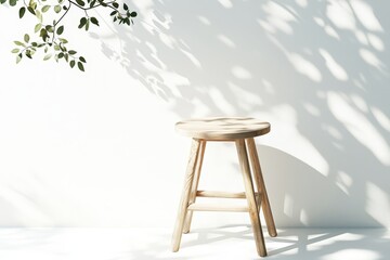 Poster - Wooden stool against a white wall with dappled sunlight and leaf shadows.