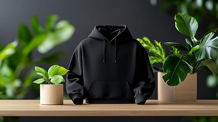 Wall Mural - Black Hoodie Mockup on Wooden Table with Plants