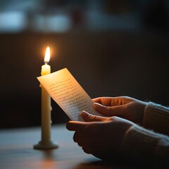 Poster - a valentine's day love letter being read by candlelight, close-up of delicate hands holding the lett