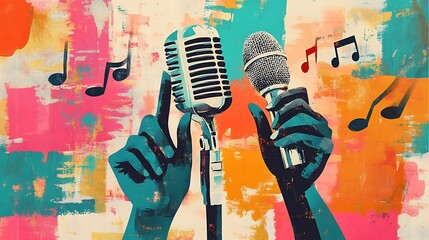 Wall Mural - Modern art collage featuring two hands in a minimalist or pop-art style. One hand is holding a classic microphone, while the other hand is holding a large musical note. Incorporate layered paper 