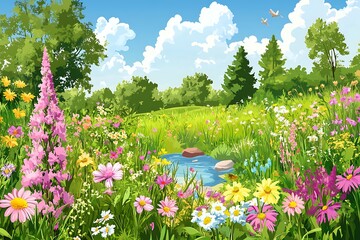 Wall Mural - Vibrant Meadow Landscape with Colorful Flowers