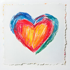 Wall Mural - Crayon-drawn heart with childlike charm on white paper