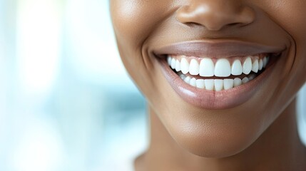 Poster - close-up of smiling face showing perfectly white teeth with background softly blurred to create focus
