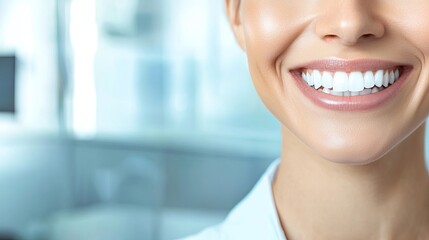 Poster - close-up of smiling face showing perfectly white teeth with background softly blurred to create focus