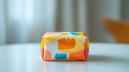 Aufkleber - compact pack of kids cheese snacks with colorful label placed on clean white surface with ample copy space