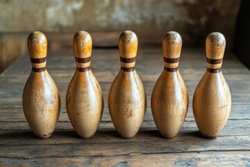 Poster - creative shot of vintage wooden bowling pins placed on rustic wooden surface with soft light creating shadows