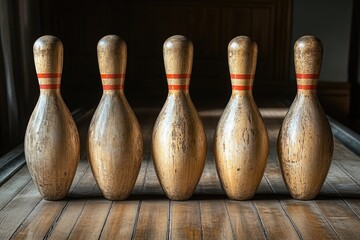 Poster - creative shot of vintage wooden bowling pins placed on rustic wooden surface with soft light creating shadows