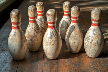 Poster - creative shot of vintage wooden bowling pins placed on rustic wooden surface with soft light creating shadows