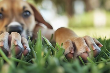 detailed shot of puppy paw pads pressed into soft grass with blurred outdoor background