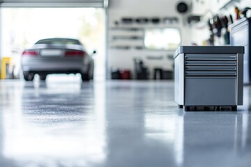 Poster - minimalist shot of clean garage floor with single tool box and car in background blurred for effect