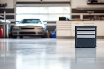 Poster - minimalist shot of clean garage floor with single tool box and car in background blurred for effect