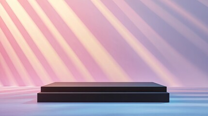 Poster - simple flat podium in matte black framed by beams of light and set against clean gradient backdrop
