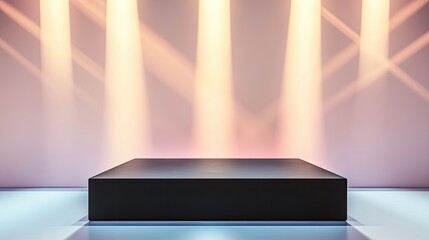 Poster - simple flat podium in matte black framed by beams of light and set against clean gradient backdrop