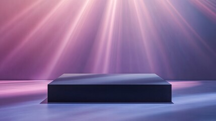 Poster - simple flat podium in matte black framed by beams of light and set against clean gradient backdrop