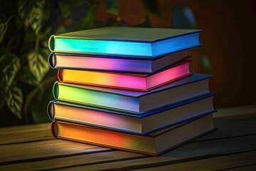 Poster - stack of hardcover books with colorful spines arranged on wooden table illuminated by soft natural light