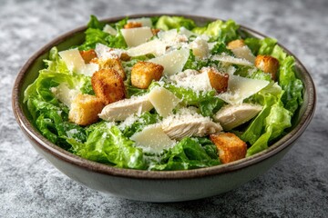 Poster - vibrant chicken caesar salad with crisp lettuce croutons and grated parmesan cheese served in modern bowl with generous