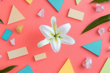Poster - vibrant flat lay of single white lily surrounded by colorful geometric shapes on pastel coral surface