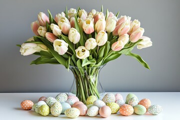 Aufkleber - beautifully arranged bouquet of tulips with easter eggs scattered at base