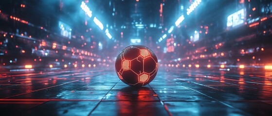 Poster - Futuristic cyber sport arena with a football ball in the center