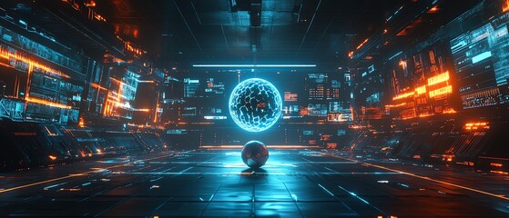 Poster - Futuristic cyber sport arena with a football ball in the center