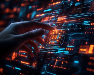 Poster - A hand presenting a futuristic digital interface with glowing networking and tech icons