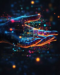 Leinwandbilder - Hand displaying a digital interface featuring technology and networking icons