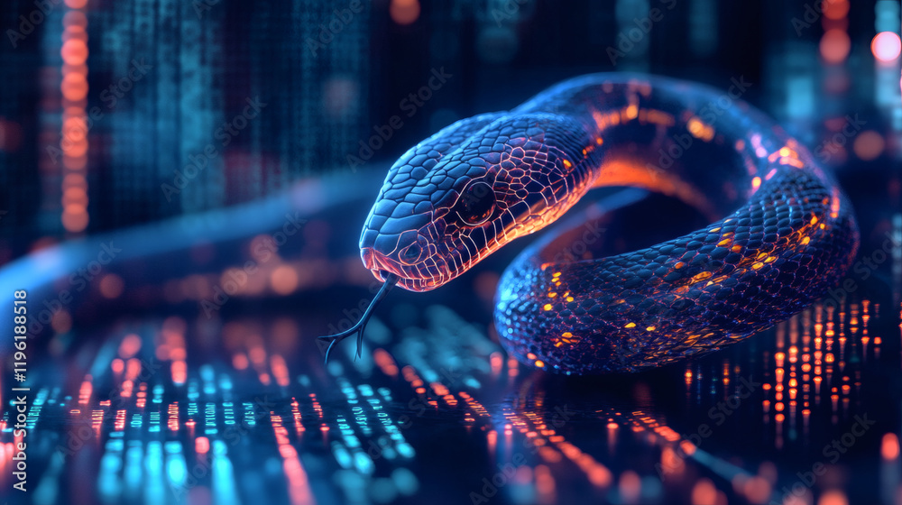 A computer screen displaying python code with a digital snake, symbolizing python programming for data engineering
